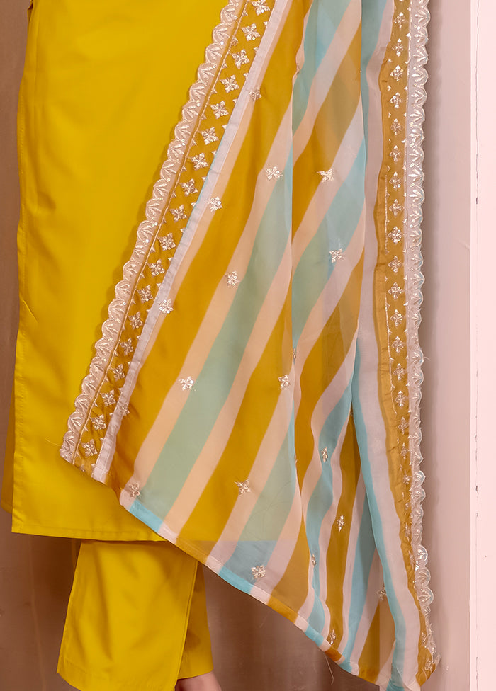 3 Pc Yellow Readymade Silk Dupatta Suit Set