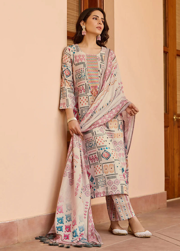 3 Pc Cream Readymade Cotton Dupatta Suit Set