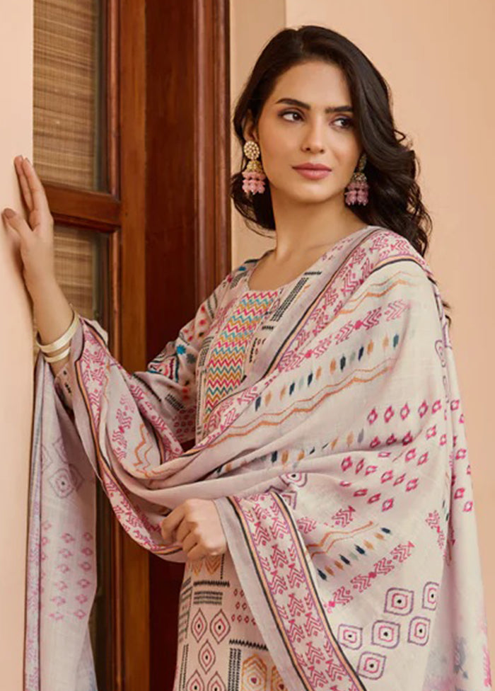 3 Pc Cream Readymade Cotton Dupatta Suit Set