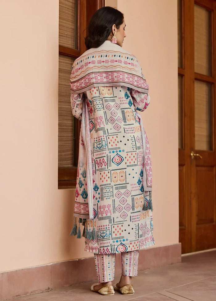 3 Pc Cream Readymade Cotton Dupatta Suit Set