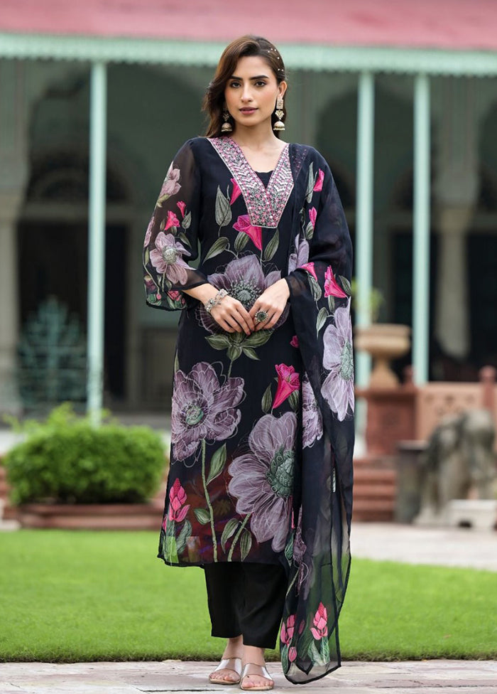 3 Pc Black Readymade Georgette Dupatta Suit Set