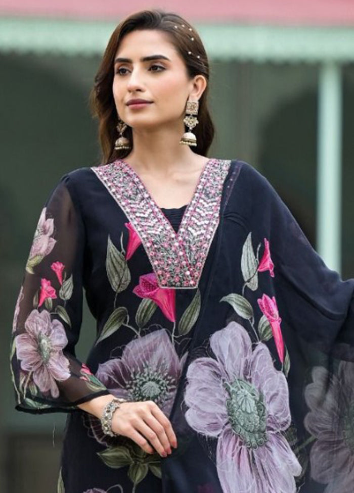3 Pc Black Readymade Georgette Dupatta Suit Set