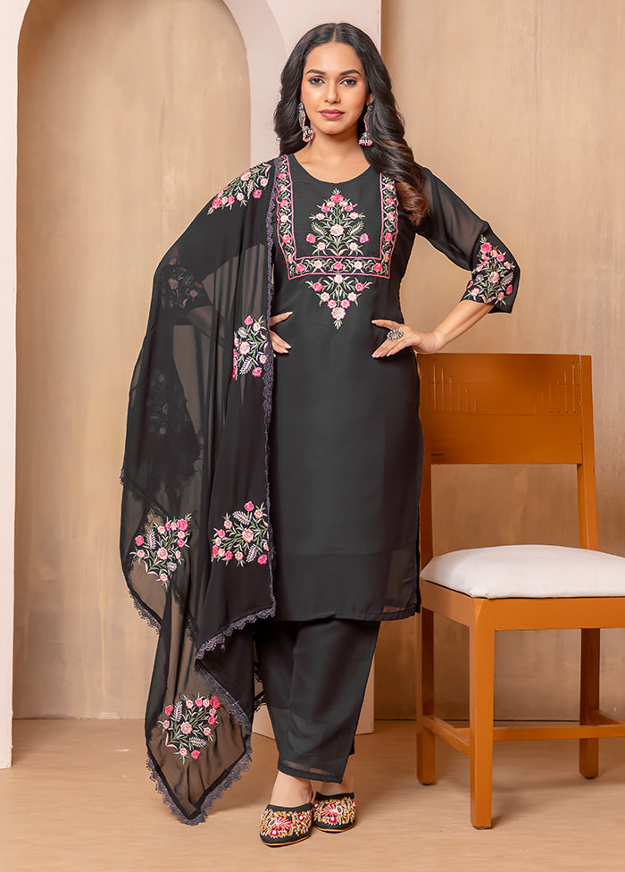 3 Pc Black Readymade Georgette Dupatta Suit Set
