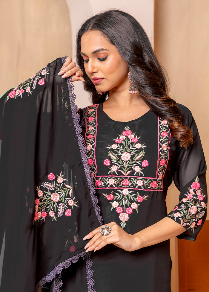3 Pc Black Readymade Georgette Dupatta Suit Set