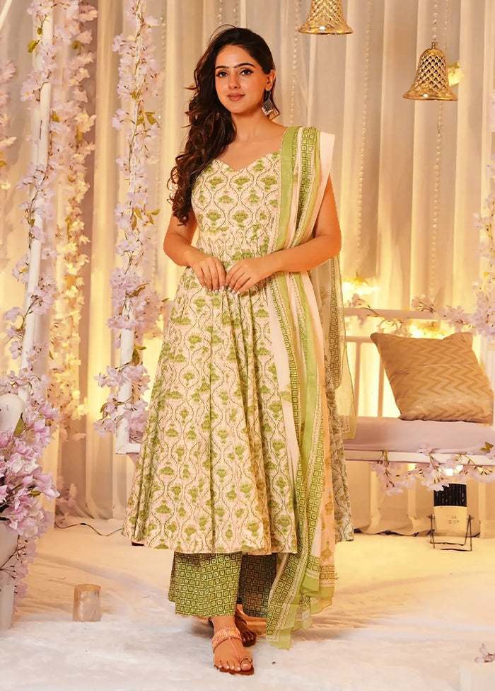 3 Pc Pista Green Readymade Silk Dupatta Suit Set