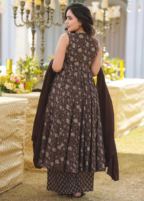 3 Pc Brown Readymade Silk Dupatta Suit Set