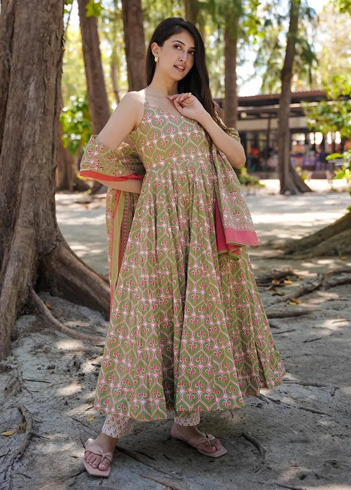 3 Pc Green Readymade Silk Dupatta Suit Set