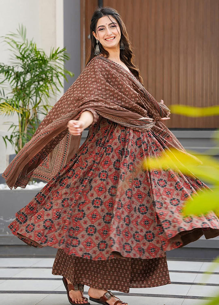 3 Pc Brown Readymade Silk Dupatta Suit Set