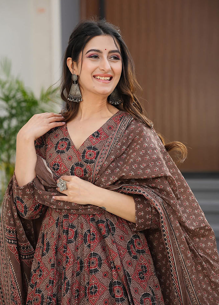 3 Pc Brown Readymade Silk Dupatta Suit Set