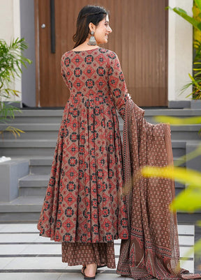 3 Pc Brown Readymade Silk Dupatta Suit Set