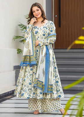 3 Pc Off White Readymade Silk Dupatta Suit Set