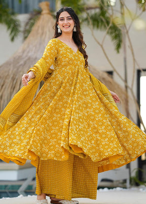 3 Pc Yellow Readymade Silk Dupatta Suit Set