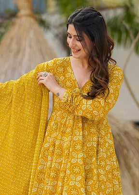3 Pc Yellow Readymade Silk Dupatta Suit Set