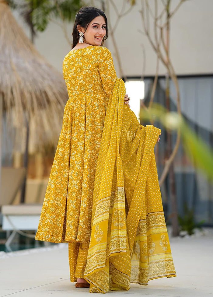 3 Pc Yellow Readymade Silk Dupatta Suit Set