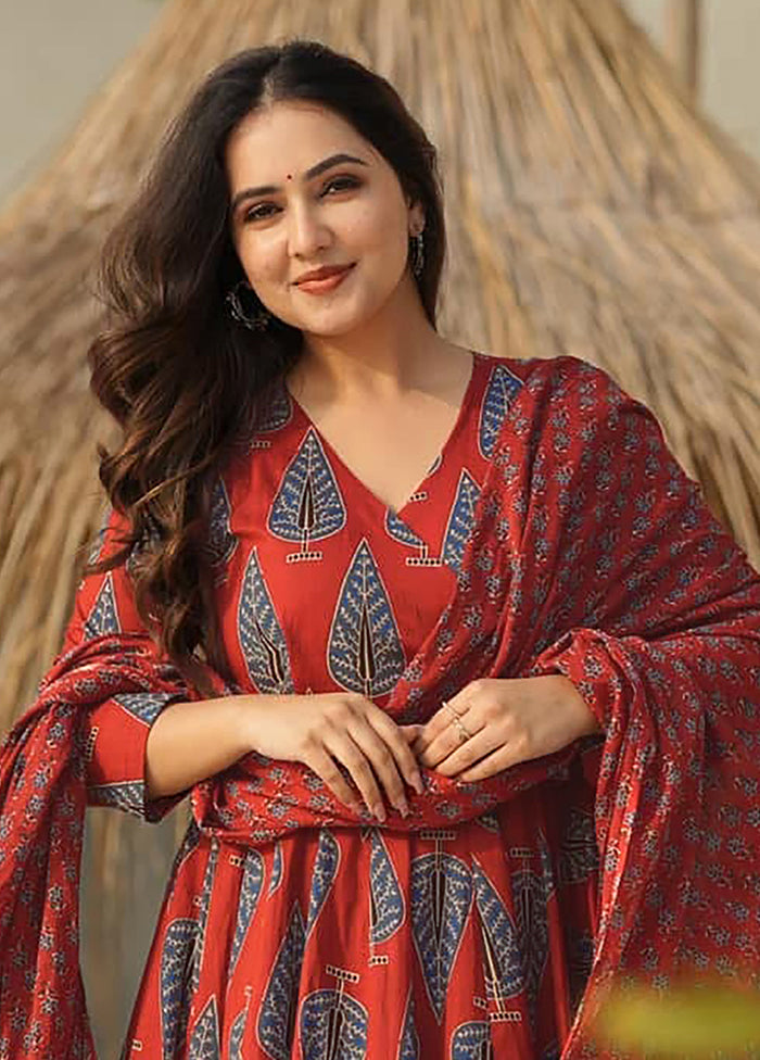 3 Pc Rust Readymade Silk Dupatta Suit Set