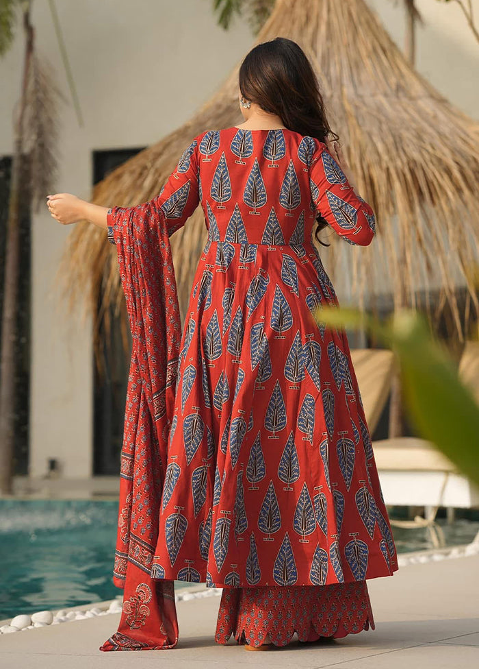 3 Pc Rust Readymade Silk Dupatta Suit Set