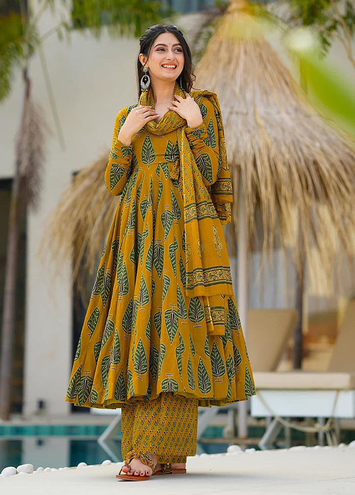 3 Pc Mustard Readymade Silk Dupatta Suit Set