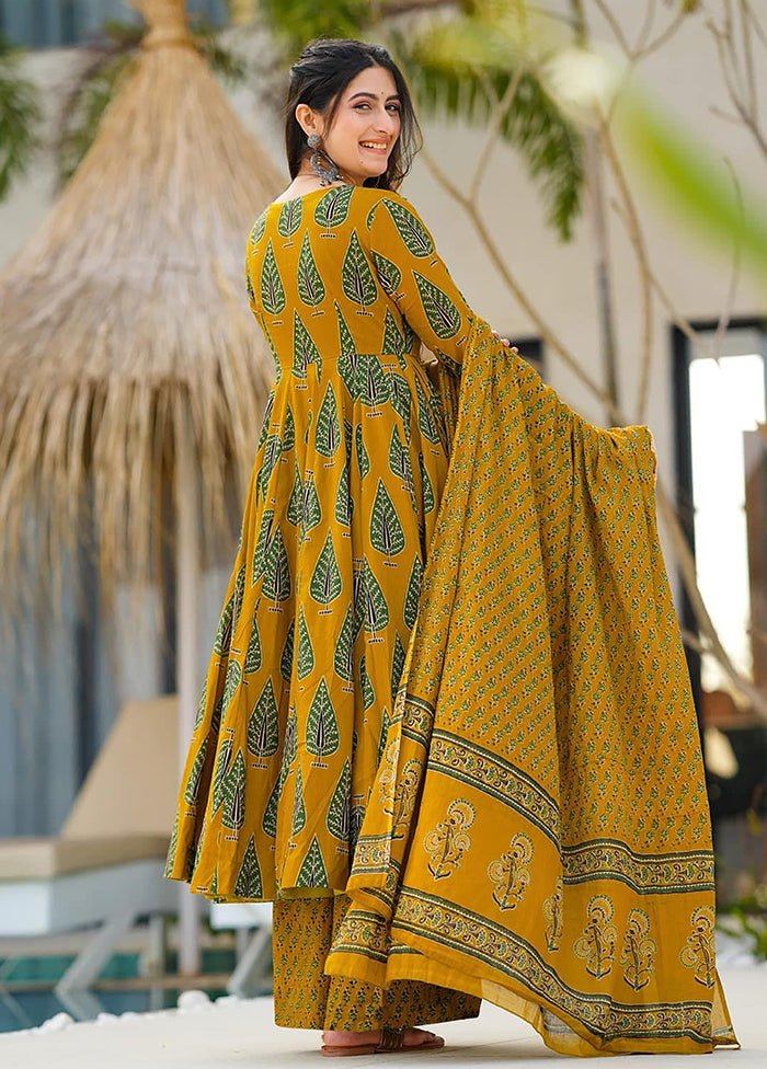 3 Pc Mustard Readymade Silk Dupatta Suit Set
