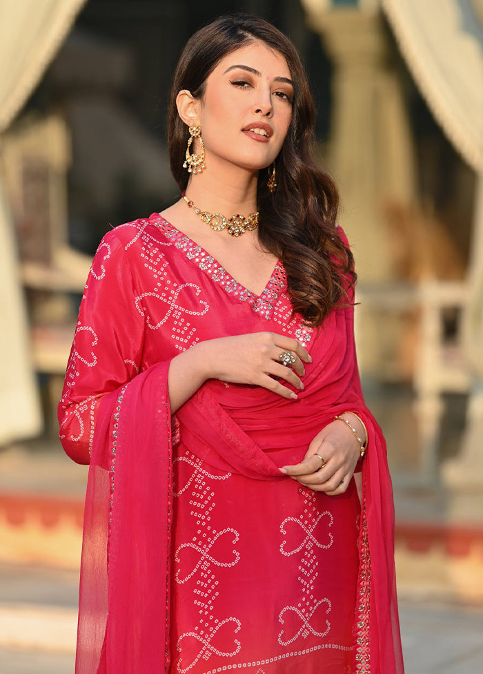 3 Pc Pink Readymade Silk Dupatta Suit Set