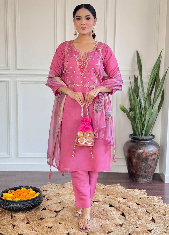 3 Pc Pink Readymade Viscose Dupatta Suit Set