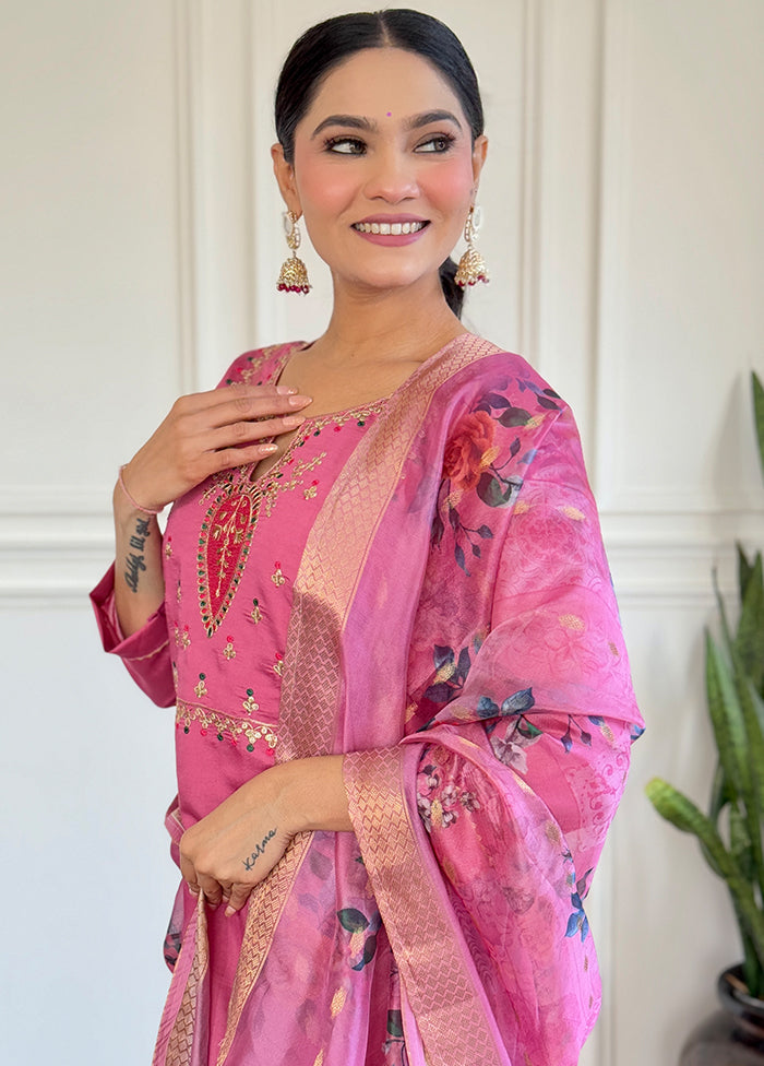 3 Pc Pink Readymade Viscose Dupatta Suit Set