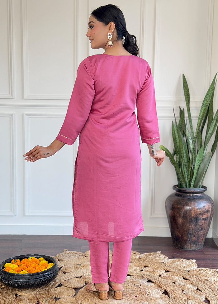 3 Pc Pink Readymade Viscose Dupatta Suit Set