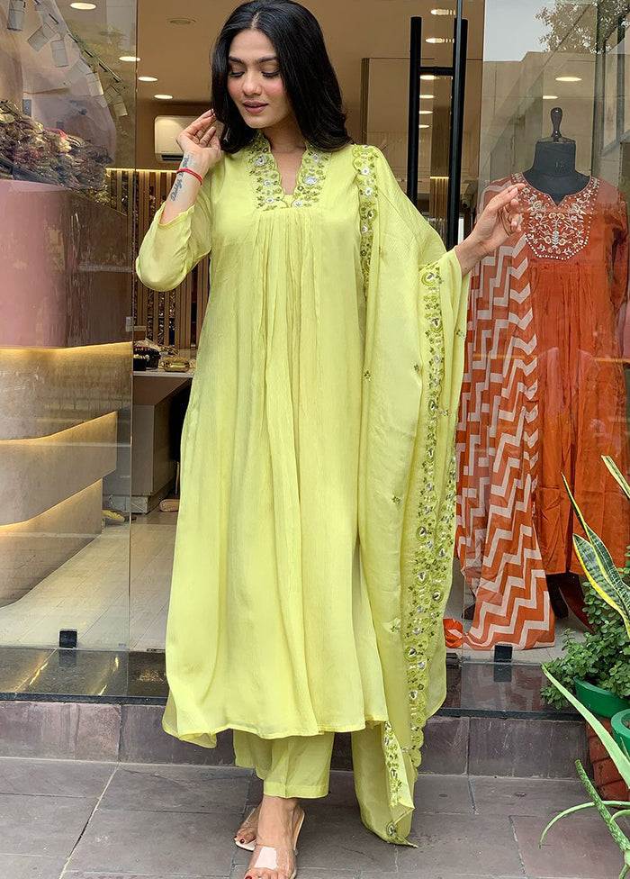 3 Pc Green Readymade Viscose Dupatta Suit Set