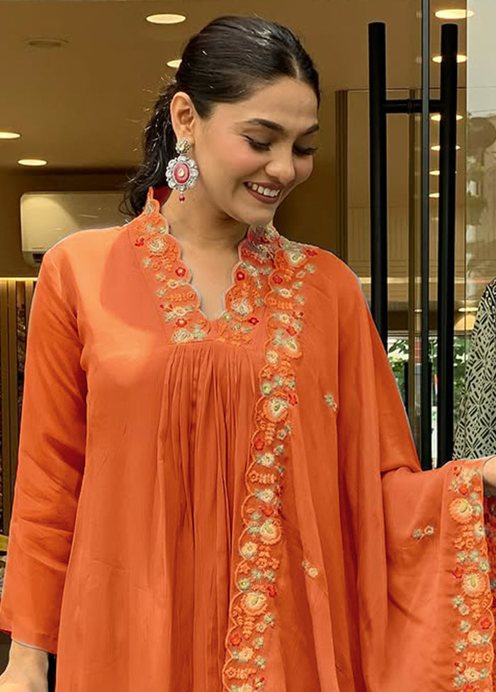 3 Pc Orange Readymade Viscose Dupatta Suit Set