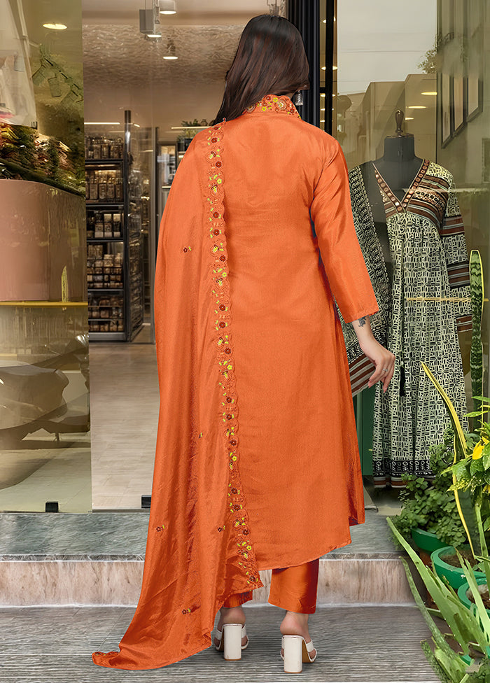 3 Pc Orange Readymade Viscose Dupatta Suit Set