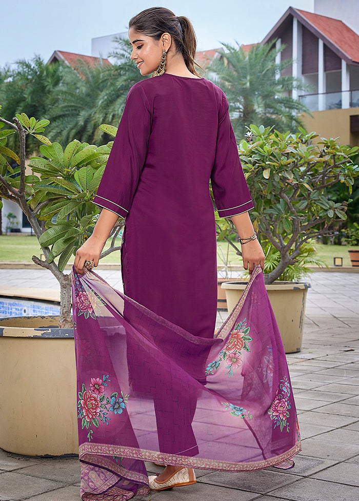 3 Pc Purple Readymade Viscose Dupatta Suit Set
