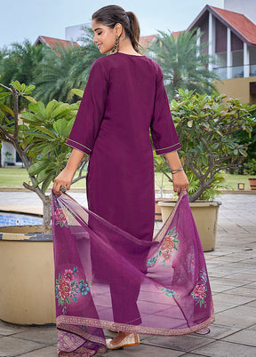 3 Pc Purple Readymade Viscose Dupatta Suit Set