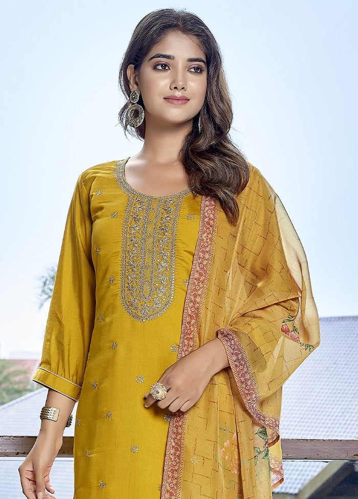 3 Pc Yellow Readymade Viscose Dupatta Suit Set
