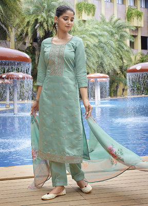 3 Pc Sea Green Readymade Viscose Dupatta Suit Set