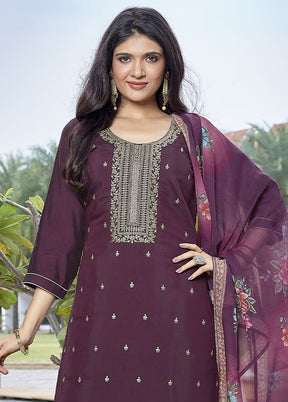 3 Pc Wine Readymade Viscose Dupatta Suit Set
