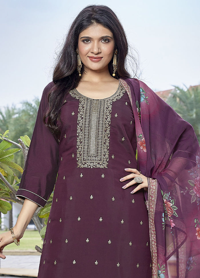 3 Pc Wine Readymade Viscose Dupatta Suit Set