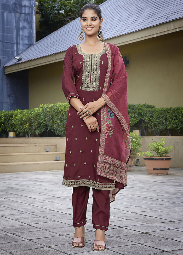 3 Pc Maroon Readymade Viscose Dupatta Suit Set
