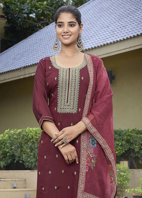 3 Pc Maroon Readymade Viscose Dupatta Suit Set