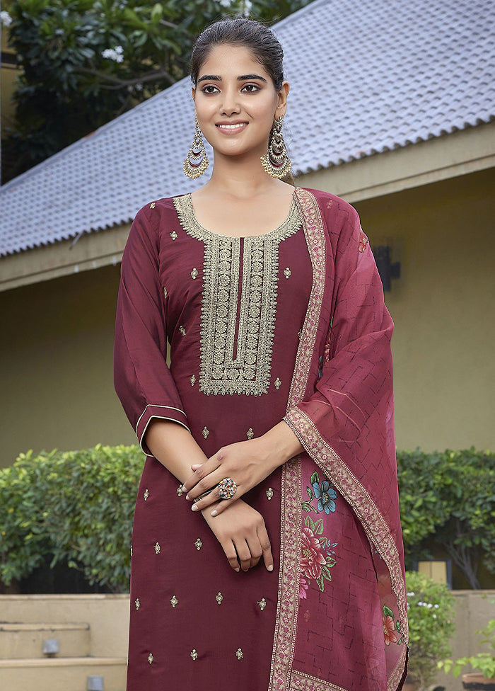 3 Pc Maroon Readymade Viscose Dupatta Suit Set