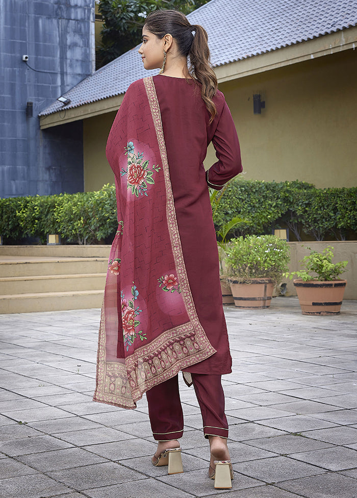 3 Pc Maroon Readymade Viscose Dupatta Suit Set