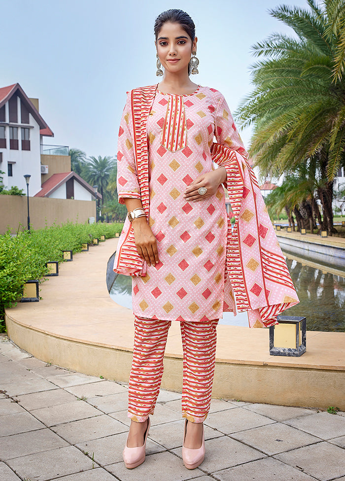 3 Pc Pink Readymade Cotton Dupatta Suit Set