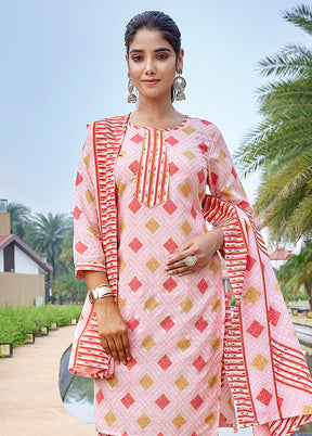 3 Pc Pink Readymade Cotton Dupatta Suit Set