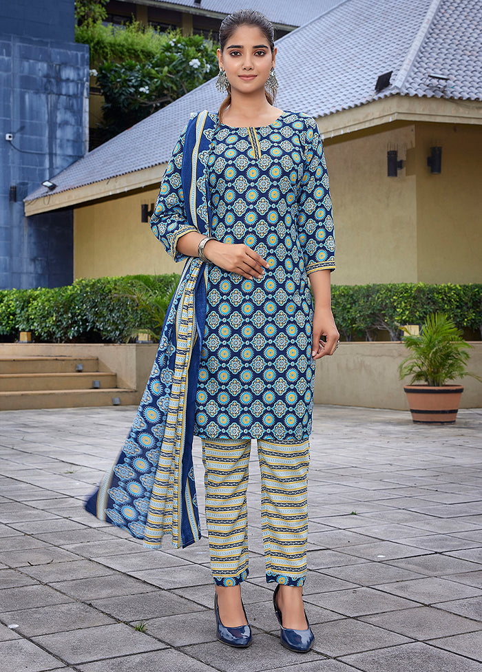 3 Pc Blue Readymade Cotton Dupatta Suit Set