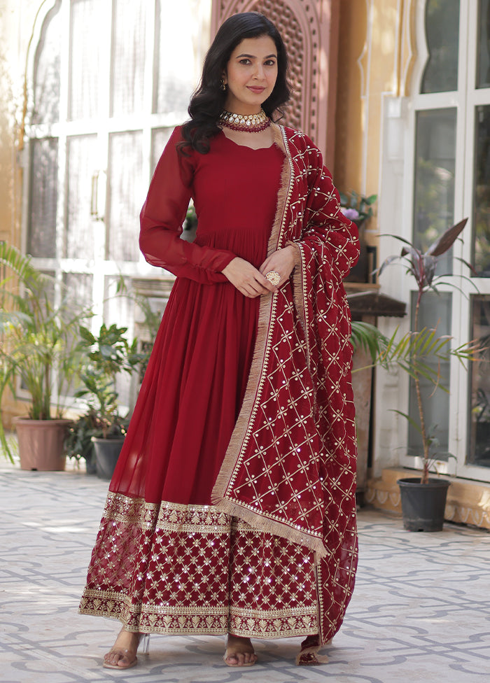 Maroon Readymade Georgette Dupatta Long Gown