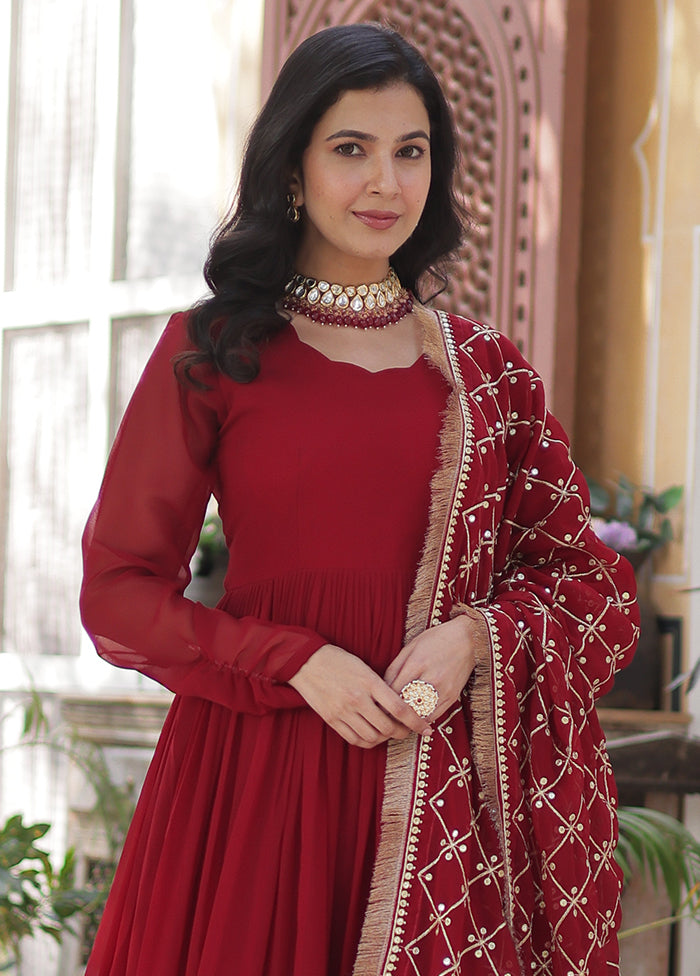 Maroon Readymade Georgette Dupatta Long Gown