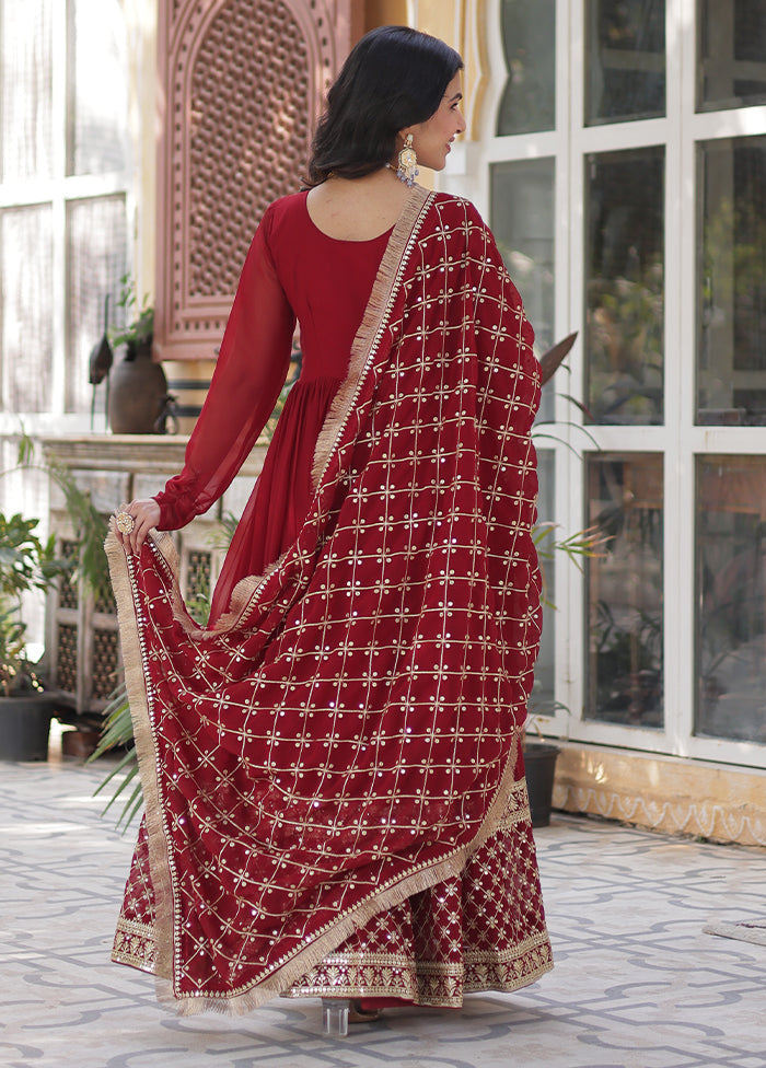 Maroon Readymade Georgette Dupatta Long Gown