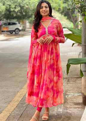 3 Pc Pink Readymade Georgette Dupatta Suit Set