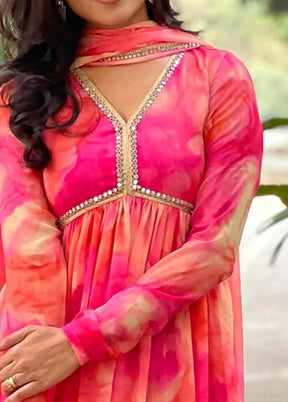3 Pc Pink Readymade Georgette Dupatta Suit Set
