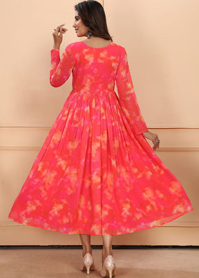 3 Pc Pink Readymade Georgette Dupatta Suit Set