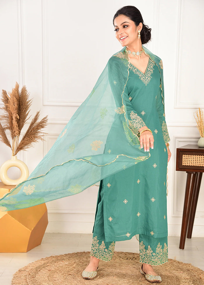 3 Pc Pine Green Readymade Viscose Dupatta Suit Set