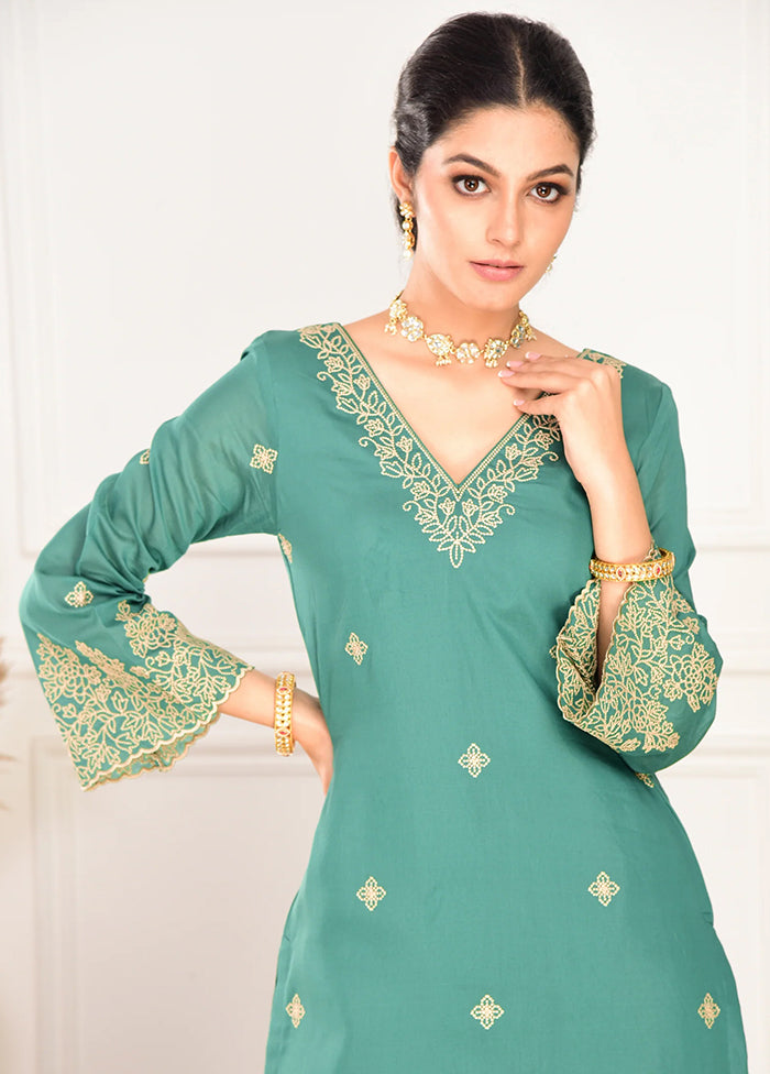 3 Pc Pine Green Readymade Viscose Dupatta Suit Set